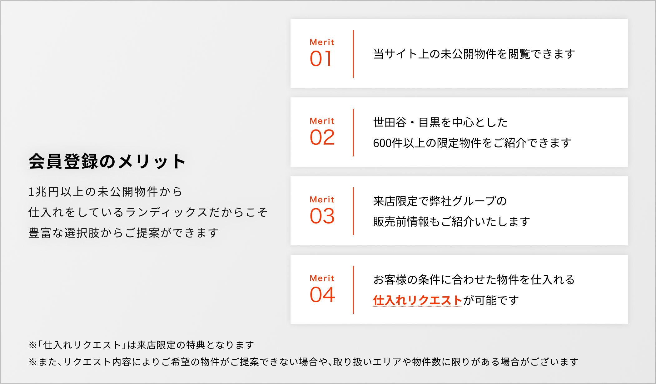 会員登録のメリット ①当サイト上の未公開物件を閲覧できます ②世田谷・目黒を中心とした600件以上の限定物件をご紹介できます ③来店限定で弊社グループの販売前情報もご紹介いたします ④お客様の条件に合わせた物件を仕入れる「仕入れリクエスト」が可能です