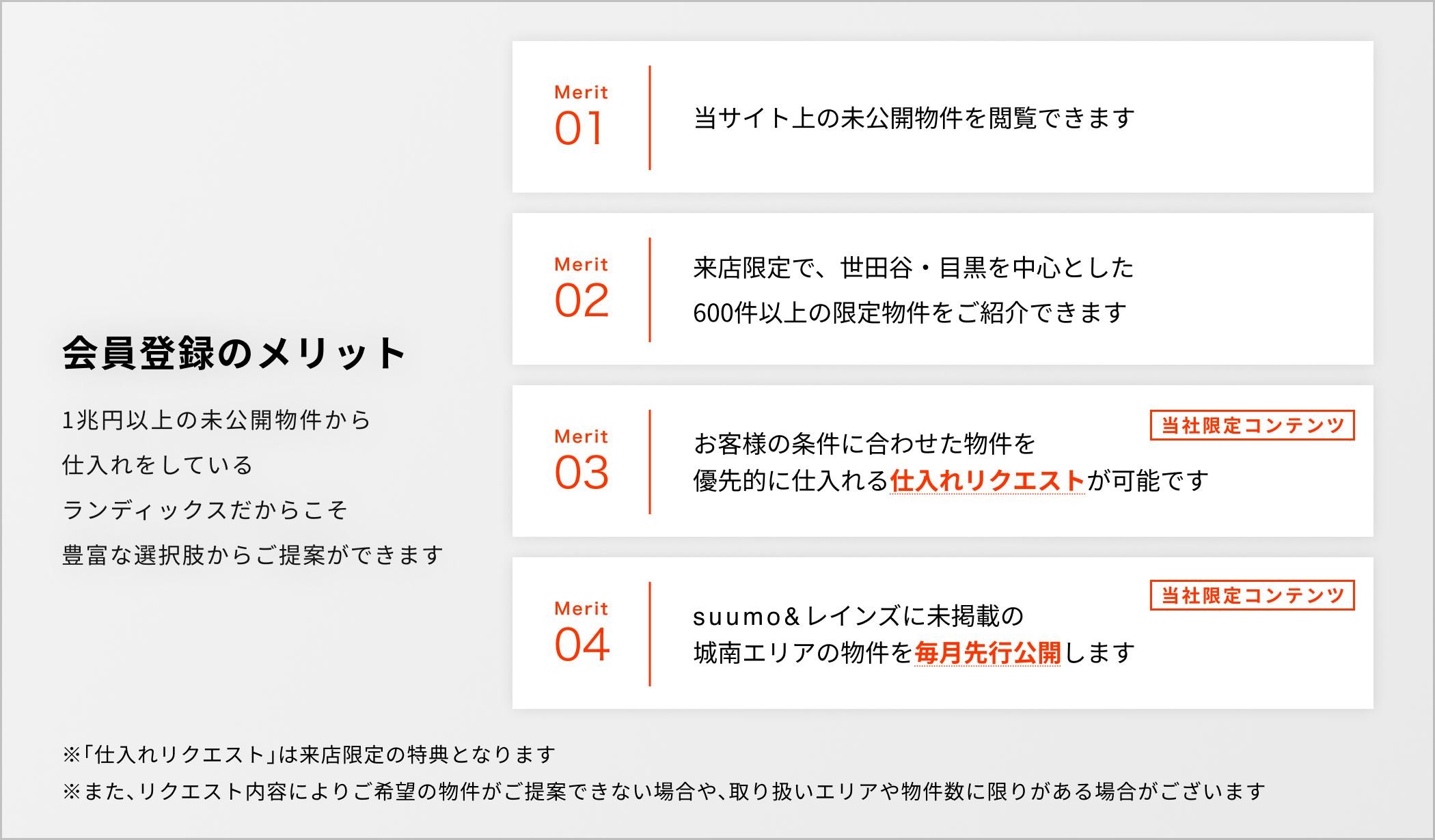 会員登録のメリット①当サイト上の未公開物件を閲覧できます②来店限定で、世田谷・目黒を中心とした600件以上の限定物件をご紹介できます③お客様の条件に合わせた物件を仕入れる「仕入れリクエスト」が可能です④suumo&レインズに未掲載の城南エリアの物件を毎月先行公開します