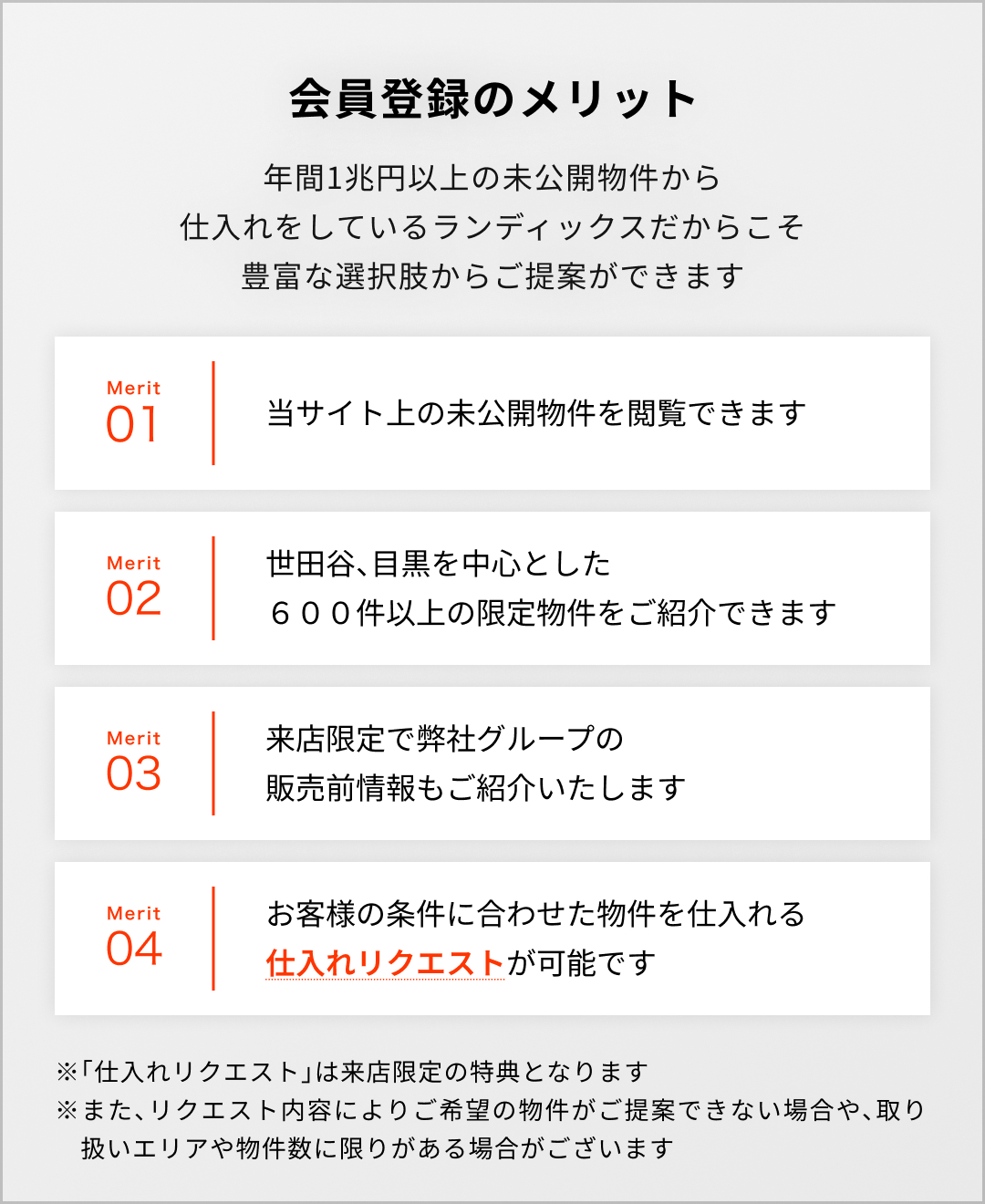 会員登録のメリット ①当サイト上の未公開物件を閲覧できます ②世田谷・目黒を中心とした600件以上の限定物件をご紹介できます ③来店限定で弊社グループの販売前情報もご紹介いたします ④お客様の条件に合わせた物件を仕入れる「仕入れリクエスト」が可能です