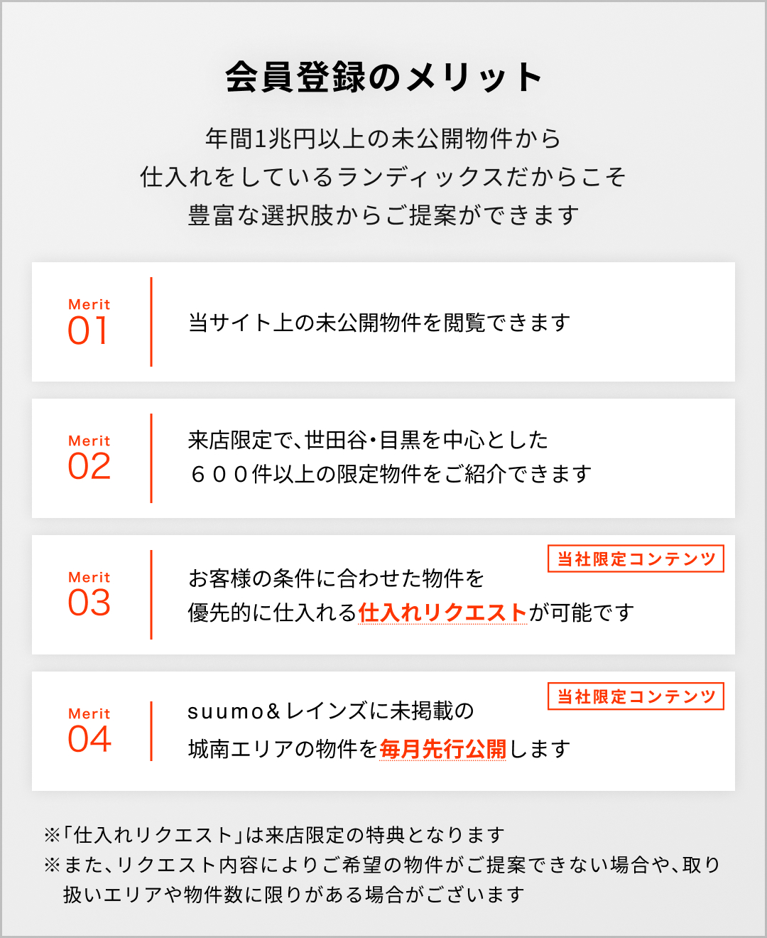 会員登録のメリット①当サイト上の未公開物件を閲覧できます②来店限定で、世田谷・目黒を中心とした600件以上の限定物件をご紹介できます③お客様の条件に合わせた物件を仕入れる「仕入れリクエスト」が可能です④suumo&レインズに未掲載の城南エリアの物件を毎月先行公開します