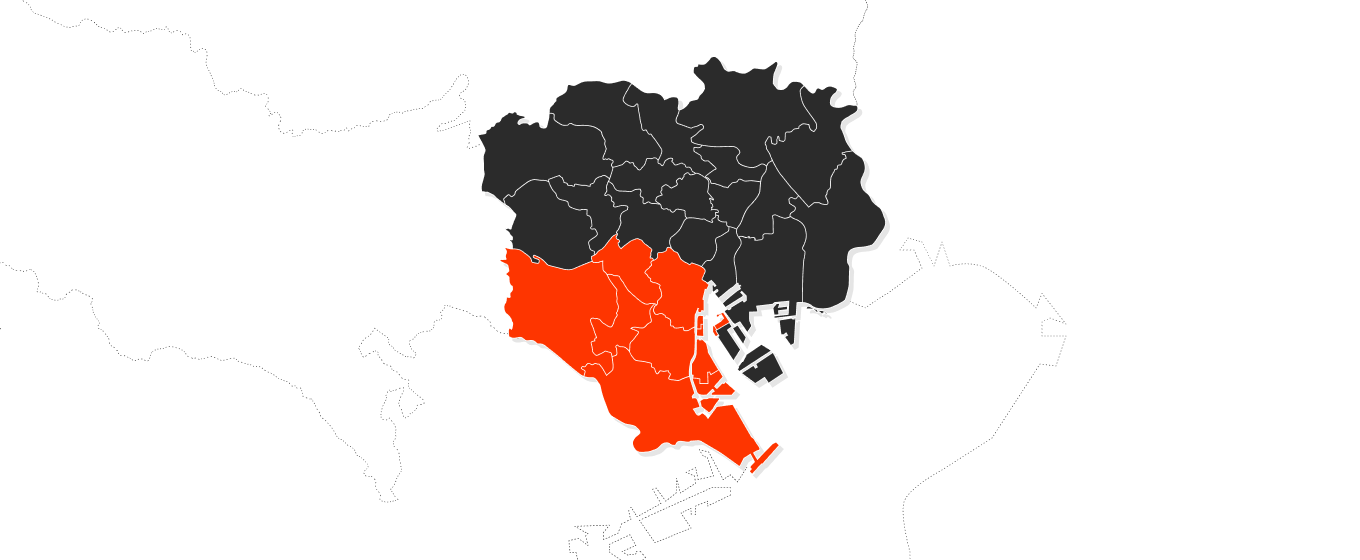 東京都の地図。23区の中で、城南エリア（大田区・品川区・目黒区・世田谷区）がハイライト表示されている